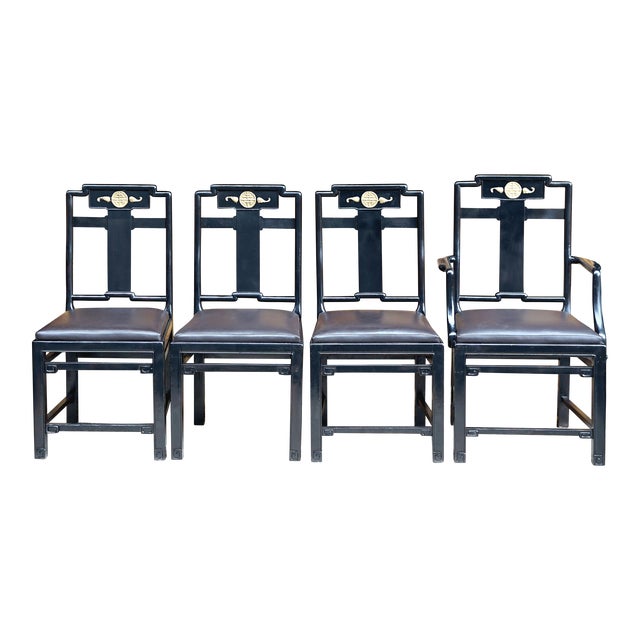 Early 20th Century Black Lacquer Chinese Influence Charcoal Leather Dining Chairs- Set of 4 For Sale