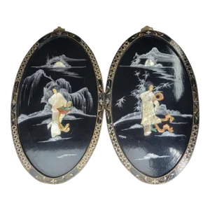 Vintage Asian Chinoiserie Black Mother of Pearl Oval Scenic Wall Decor Art- a Pair