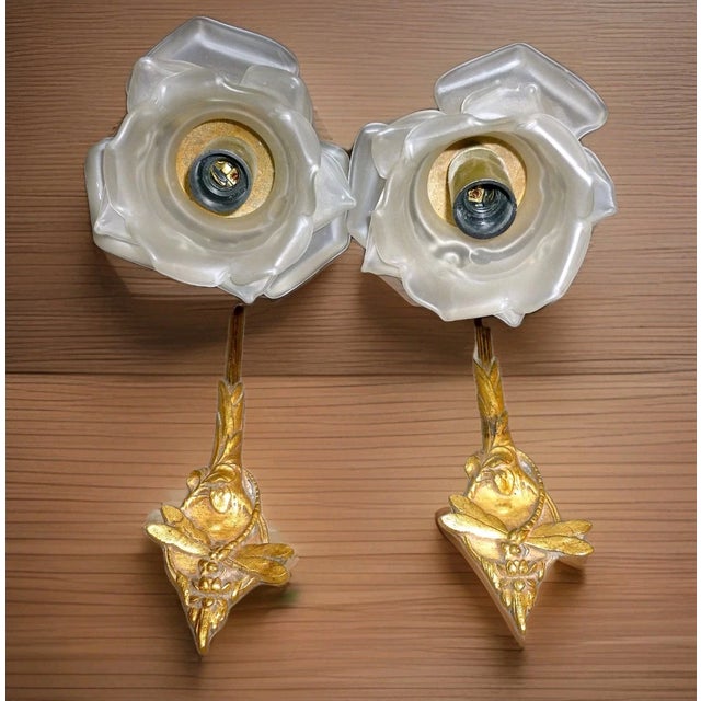 1910 French Art Nouveau Gilt Bronze Dragonfly Wall Sconces Satin Glass Rose Shades a - Pair For Sale - Image 11 of 12