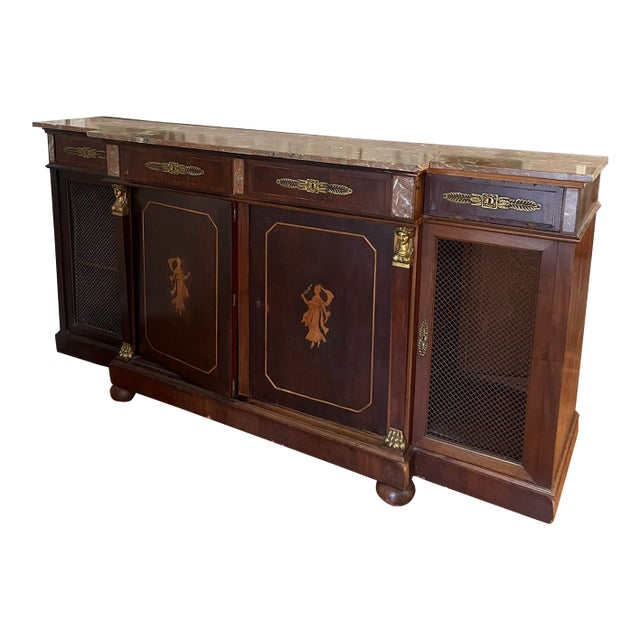 Antique 19th Century French Empire Style Mahogany Sideboard With Gilt Bronze Mounts & Marble Top For Sale