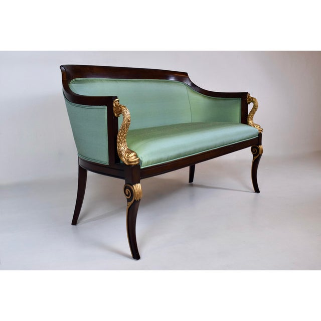 French Empire Style Curved Walnut Settee With Dolphin Arms, New Green Silk For Sale - Image 4 of 13