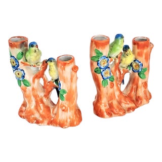 1960s Ceramic Porcelain Parrot Candlesticks or Candle Holders - Signed Japan on Bottom - a Pair For Sale