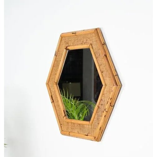 Mid-Century Italian Hexagonal Mirror in Rattam and Bamboo, 1970s For Sale - Image 4 of 11