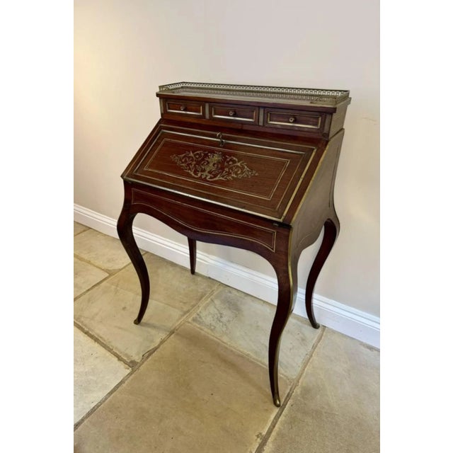 Antique French Victorian Rosewood & Brass Inlaid Bureau, 1860 For Sale - Image 4 of 8