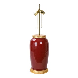 19th Century Chinese Qing Double Bulb Pull Switch Oxblood Glaze Lamp With Gold Leaf Top and Base. For Sale