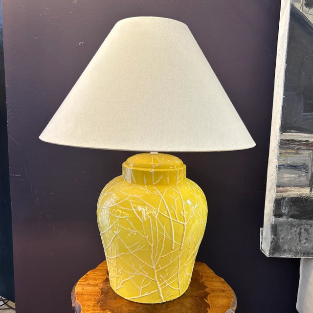 Fantastic Palm Beach Hollywood Regency restored large yellow glazed ginger jar table lamp. The bright yellow glazing is...