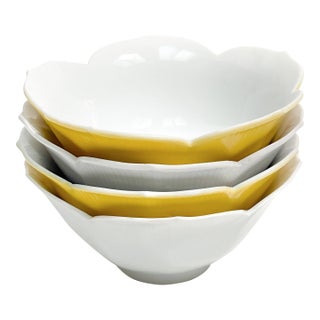 Vintage Mid-Century Modern White & Yellow Lotus Flower Shaped Ceramic Bowls - Set of 4 For Sale