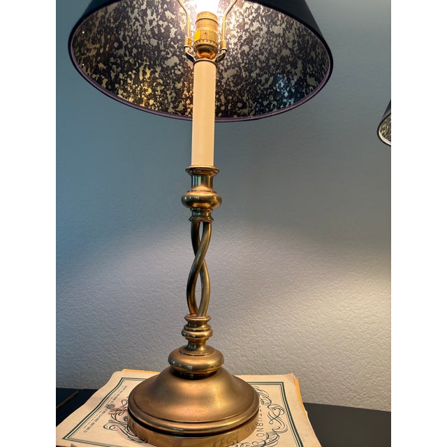 Brass Chapman Manufacturing Co. Brass Barley Twist Candlestick Table Lamps With Foil Shades – Pair For Sale - Image 8 of 12