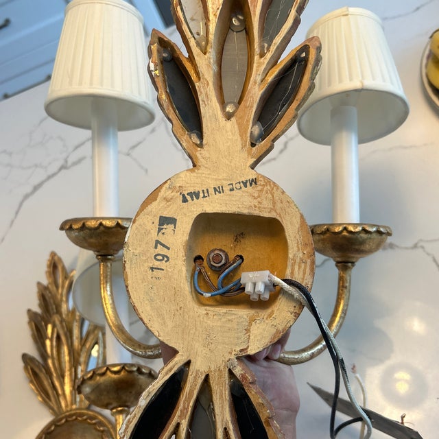 Vintage Mid-Century Italian Giltwood & Mirror Wheat Sheaf Two-Light Wall Sconces - a Pair For Sale In New York - Image 6 of 12