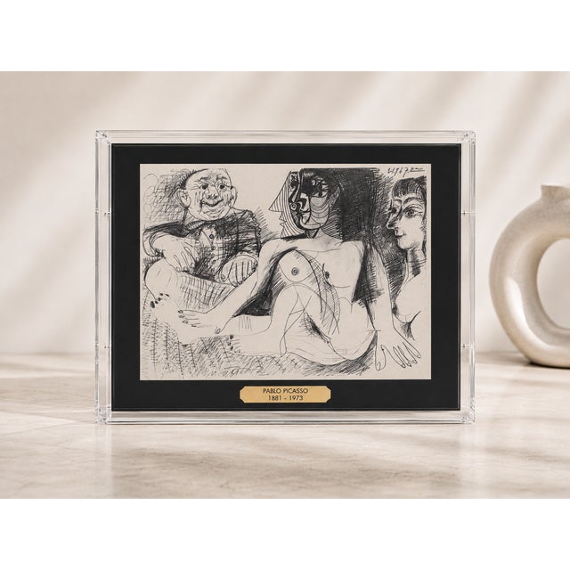 Documented vintage Pablo Picasso offset lithograph dated 21.9.67 in the image, presented in a clear Lucite/acrylic shadow...