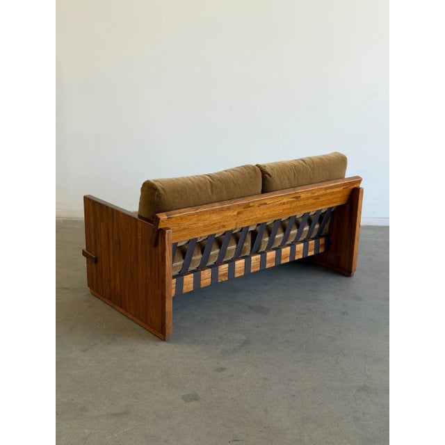 1970s Solid Oak Sling Loveseat in Mohair For Sale - Image 15 of 18