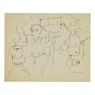 Mino Maccari, The Sculptor, Ink Drawing on Paper, 1960s For Sale