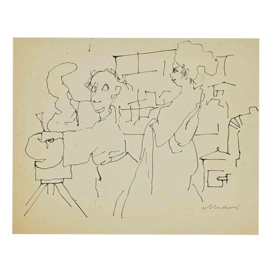 Mino Maccari, The Sculptor, Ink Drawing on Paper, 1960s For Sale