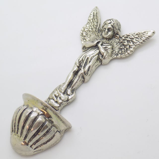 Vintage Italian Handmade Genuine Silver Angel Themed Holy Water Font Figurine For Sale - Image 4 of 11
