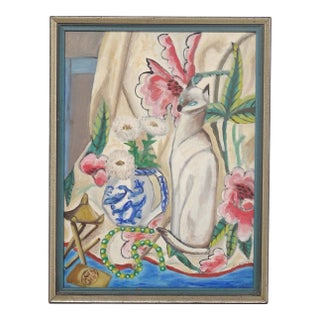 Chinoiserie Original Oil on Canvas of Siamese Cat by E. Goetz For Sale