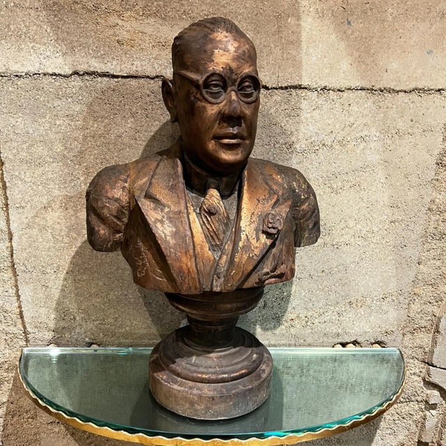 1943 Hand Carved Wood Bust Refined Bespectacled Gentleman Patinated Gold For Sale - Image 13 of 13