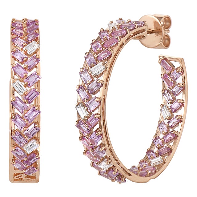 Pink Sapphire & Diamond Hoops Earrings 18kpg, A Pair For Sale
