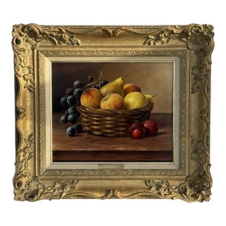 Still Life with Fruit in Basket - Vintage Oil in Ornate Frame by British Artist 1987 For Sale