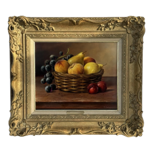 Still Life with Fruit in Basket - Vintage Oil in Ornate Frame by British Artist 1987
