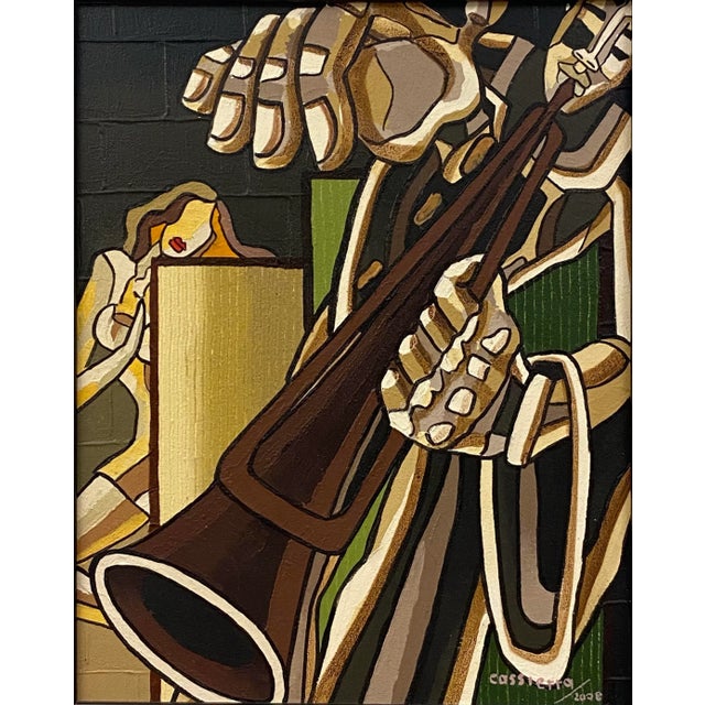 A very decorative original oil on canvas painting by American artist, Franklin Cassierra featuring a jazz musician....