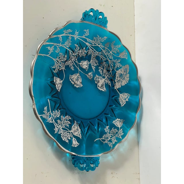 Art Nouveau Blue Glass Plate With Silver Poppies For Sale - Image 4 of 7