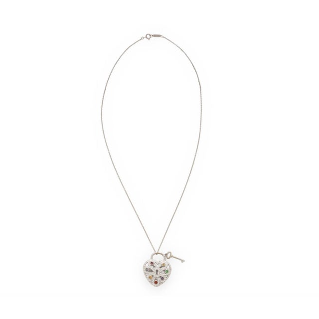 Silver Tiffany & Co., Diamond and Multigem Heart Key Locket Pendant/Necklace For Sale - Image 8 of 8