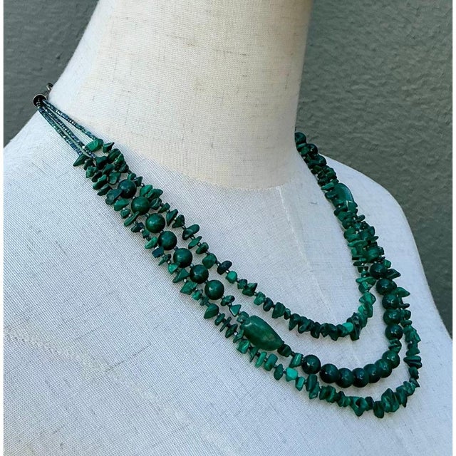 Teal Vintage Boho Malachite Three-Stranded Necklace For Sale - Image 8 of 12