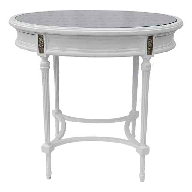 Mid-Century Louis XVI Style Oval Table with Glass Top and Pull-Out Leaves, 1940s For Sale