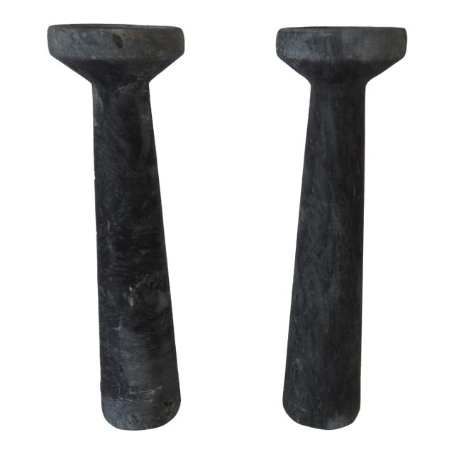 Noir Large Aleka Grey Marble Candleholders - Set of 2 For Sale