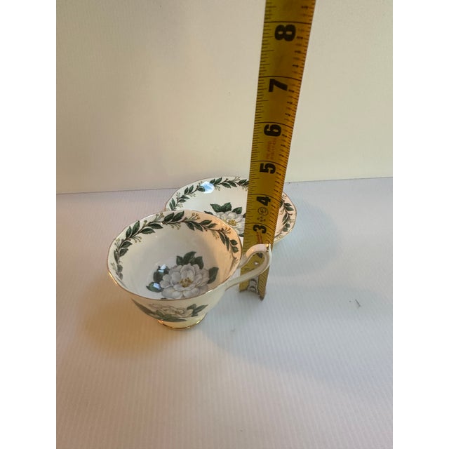 Vintage Royal Albert England "Lady CLARE"Sign A.Wagg Teacup and Saucer Set White Gardenia Green Leaves For Sale - Image 9 of 18