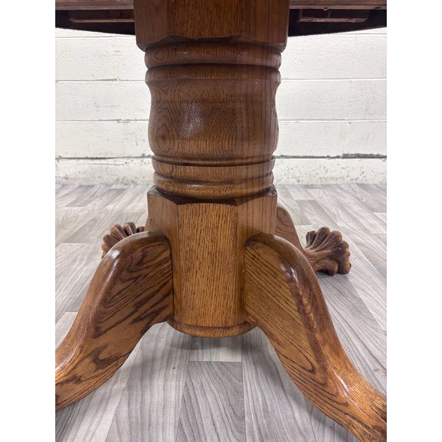 Antique Victorian 48 Inch Round Tiger Oak Claw Foot Pedestal Dining Table For Sale - Image 10 of 15