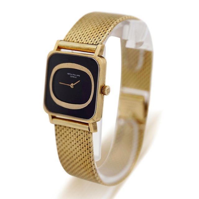 Metal Vintage Patek Philippe 25mm Square Ellipse 18k Gold Black Dial Watch For Sale - Image 7 of 16