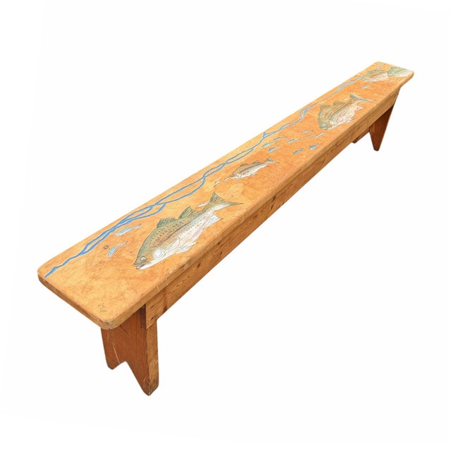 Cabin Vintage American Maple Bench With Carved and Painted Fish For Sale - Image 3 of 14