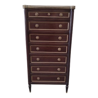 Mid 19th Century French Louis XVI Style Mahogany Semainier Chest With Marble Top & Brass Gallery For Sale