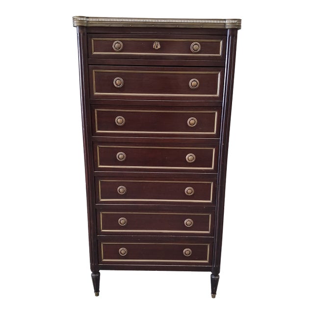 Mid 19th Century French Louis XVI Style Mahogany Semainier Chest With Marble Top & Brass Gallery For Sale
