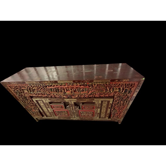 1920s 1920s Heavily Carved and Lacquer Decorated Vintage Asian Credenza Cabinet For Sale - Image 5 of 8