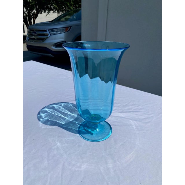 Mid-Century Modern Vintage Mid 20th Century Aqua Glass Footed Vase For Sale - Image 3 of 8