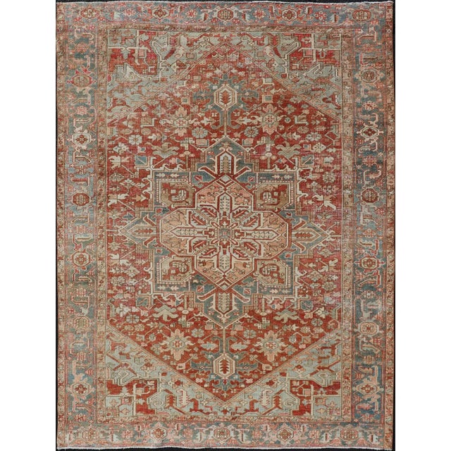 Early 20th Century Antique Heriz Rug With All-Over Medallion Design in Red, Blue, Pink, Tan & Brown For Sale - Image 13 of 13