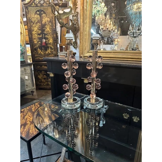 Pair of modern Murano pink glass and brass ball lamps. Circa 2000. Perfect for today's transitional designs!