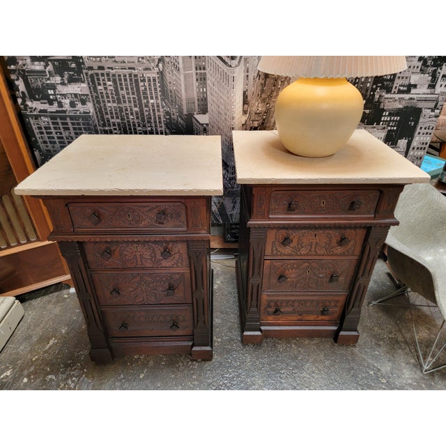 Aesthetic Movement Victorian Era Carved Nightstands / Dressers Late 1800's - A Pair For Sale - Image 18 of 18