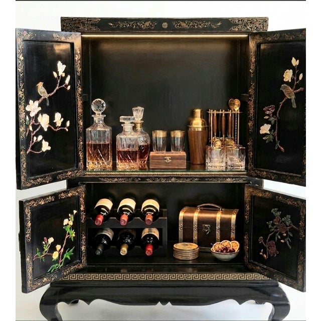 Vintage Chinoiserie Black Lacquered Large 4 Door Soapstone Decorative Storage Cabinet For Sale - Image 17 of 18