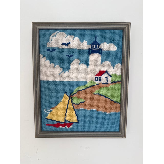 Mid-Century Modern Vintage Framed Needlepoint Boats— A Pair For Sale - Image 3 of 18