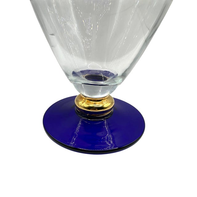 Late 20th Century Vintage Romanian Cobalt Blue and Gold Crystal Pedestal Pitcher For Sale - Image 5 of 12