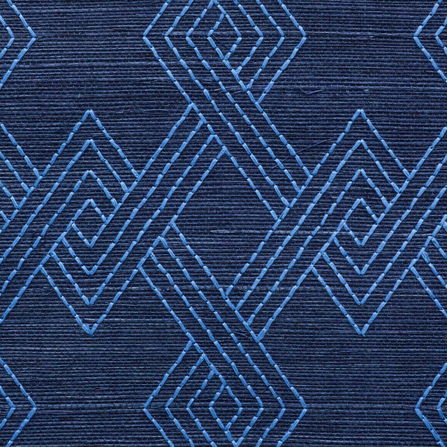 Schumacher Sample - Schumacher Hix Embroidered Sisal Wallpaper in Blue For Sale - Image 4 of 5