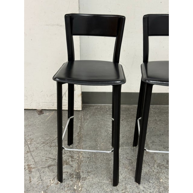 Black Vintage Frag for Design Within Reach Italian Black Leather Barstools, Pair For Sale - Image 8 of 12
