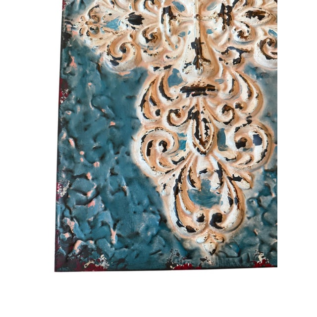 Metal Distressed Teal & Ivory Fleur-De-Lis Metal Wall Art – 14” X 19” For Sale - Image 7 of 10