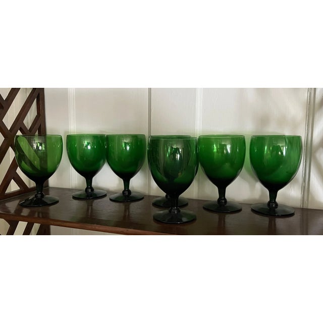 Glass Anglo Irish Emerald Green White Wine Glasses or Water Goblets - a Set of 7 For Sale - Image 7 of 11