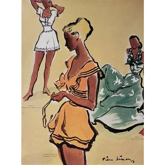 Mid-Century Modern Pair-1948 French Designer Mid-Century Beach Fashion Prints, Matted For Sale - Image 3 of 3
