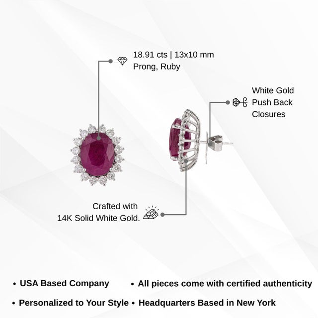 Vintage 14k White Gold Ruby 18.91ct & Diamond 2.3ct Stud Earrings- A Pair For Sale - Image 12 of 15