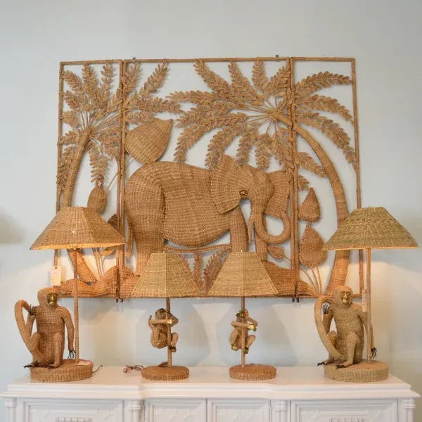 Long Tail Monkey Table Lamp by Mario Lopez Torres. There are minor imperfections to the hand-made woven rattan. Signed...